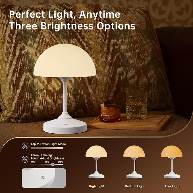 Mushroom Lamp Table Lamp Waterproof,Desk Cordless Battery Operated Lamps for Bedroom,Outdoor Cordless Rechargeable Table Lamps for Night Stands,5000mAh LED Night Light for Living Room(White)