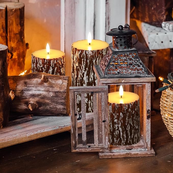 Eywamage Brown Pine Bark Flameless Pillar Candles with Remote, Farmhouse Battery Operated LED Wood Candles Set of 3