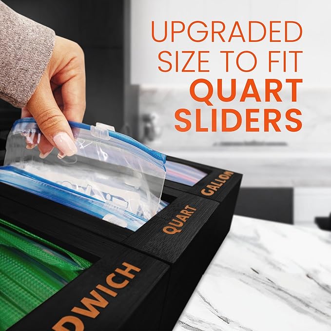 Bag Storage Organizer - Bamboo Food Plastic Baggie Holder, Dispenser, and Container for Kitchen Drawer - Fits Major Brand's Gallon, Quart, Sandwich & Snack Sized Slider Bags (Black)