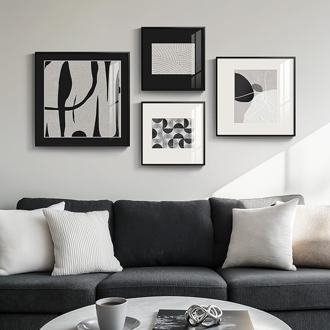 Framed Black and White Abstract Wall Art for Living Room, 4 Piece Modern Art Prints Paintings Artwork for Walls, Minimalist Abstract Pictures for Hallway Dining Room Bedroom Office Wall Decor