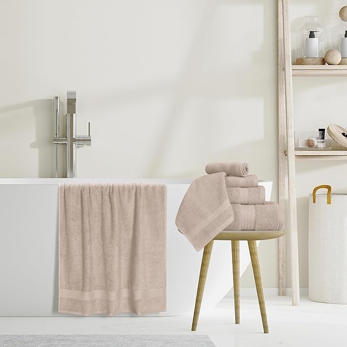 GLAMBURG Ultra Soft 8-Piece Towel Set - 100% Pure Ringspun Cotton, Contains 2 Oversized Bath Towels 27x54, 2 Hand Towels 16x28, 4 Wash Cloths 13x13 - Ideal for Everyday use, Hotel & Spa - Tan