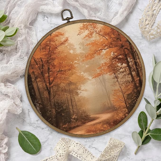 Gnmduw Rustic Fall Wall Art Framed, Fall Pictures Wall Decor, Vintage Autumn Landscape Round Hanging Wall Decor, Moody Halloween Canvas Prints Art for Living Room Bathroom Gallery Bedroom, 10x10 Inch