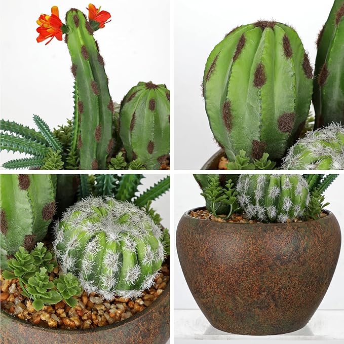 Assorted Artificial Cactus Plants Indoor - 5.9" Small Faux Succulent Cacti Plants in Pots Mini Fake Flowering Cactus Potted with Bowl for Home Office Living Room Bathroom Shelf Table Indoor Decor