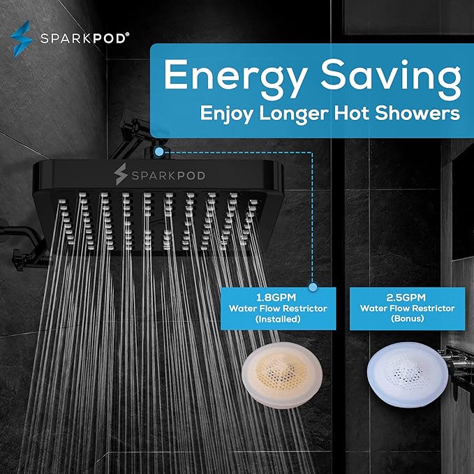 SparkPod Shower Head - High Pressure Rain - Premium Quality Luxury Design - 1-Min Install - Easy Clean Adjustable Replacement for Your Bathroom Shower Heads (Midnight Black Matte, 6 Inch Square)