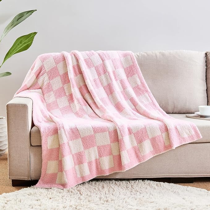 CozeCube Checkered Blanket, Ultra Soft Cozy Pink and White Throw Blanket, Warm Cozy Knit Fuzzy Plush Checkerboard Throw for Couch Bed Sofa, 60“x80”