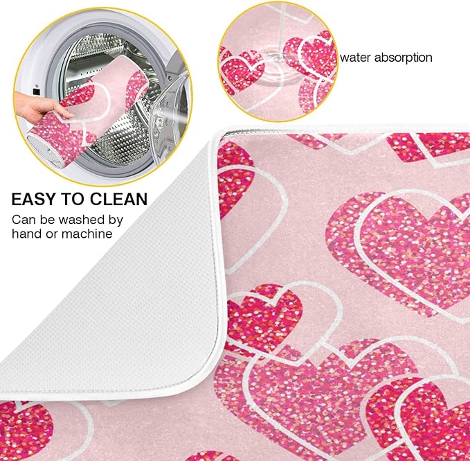 Mothers Valentines Day Hearts Dish Drying Mat 18 X 24 Inch Stars Romantic Red Pink Glitter Love Heart Dry Dishes Pads Drainer Mats Tableware Protector for Home Kitchen Countertops Counter Decorations