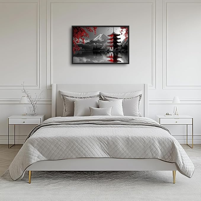 Olivine Japan Large Wall Art, Black And White Pictures Wall Decor, Landscape Paintings, Mountain Canvas Prints, Framed Artwork for Dining Room Bedroom Living Room Office Bathroom 36"x24"