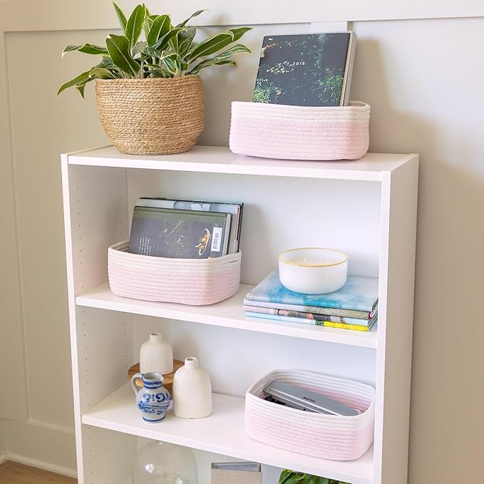 NaturalCozy 11.8"x8"x4.5” Rectangle Storage Baskets for Shelves 3 Pack | Cotton Rope Woven Small Baskets for Organizing | Small Storage Bins for Nursery, Bathroom, Closet, Shelf, Decorative, Gift