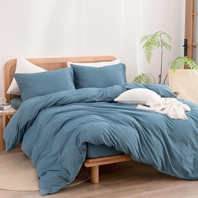 BESTOUCH Duvet Cover Set 100% Washed Cotton Linen Feel Super Soft Comfortable Chic Lightweight 3 PCs Home Bedding Set Solid Dark Blue Queen