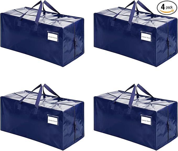 VENO 4 Pack Moving Bags w/Backpack Straps, Heavy Duty, Moving Boxes Alternative, Packing Supplies, Large Storage Totes for Dorm Room Essentials with Zipper for Clothes (Blue, 4 Pack)