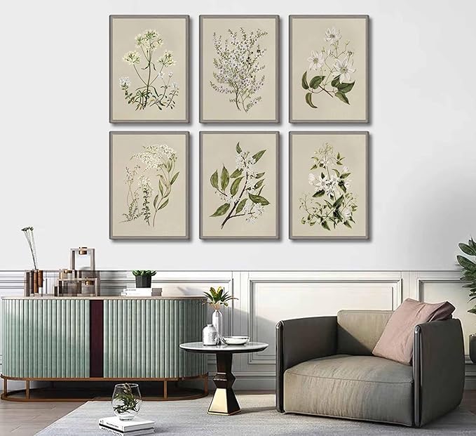 6 PCS Neutral Floral Canvas Wall Art Vintage Rustic Farmhouse Flower Botanical Painting Picture Wall Decor Poster Print Artwork for Living Room Bedroom Home Decoration Unframed