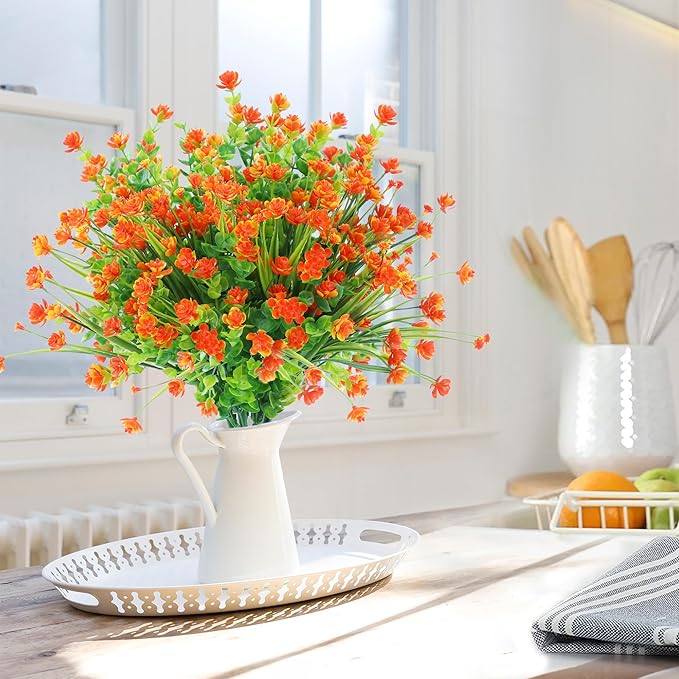 Sggvecsy Artificial Fall Flowers for Outdoors 24 Bundles UV Resistant Boxwood Shrubs Fake Plants for Autumn Harvest Thanksgiving Farmhouse Garden Home Indoor Outdoor Decoration(Orange)