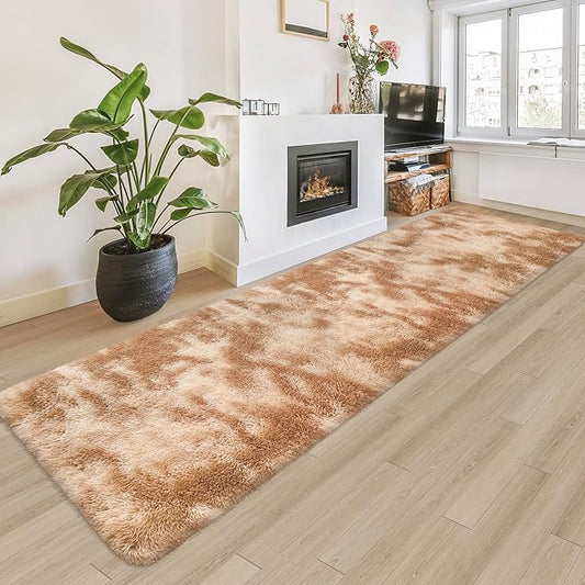 Super Soft Fluffy Living Room Area Rugs 2x8 ft Tie-Dyed Beige Shaggy Furry Carpet Washable Non-Slip Floor Rug Bedroom Bedside Nursery Rug Fuzzy Girls Boy Reduce Noise Dorm Home Decor
