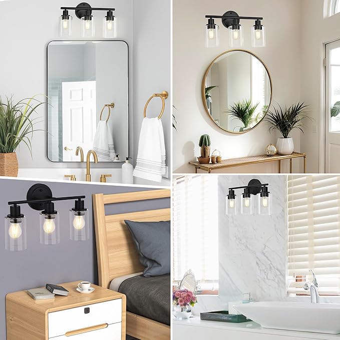 3-Light Black Bathroom Light Fixture Over Mirror, 3-Light Bathroom Vanity Light Over Sink, Black 3 Bulb Wall Light for Mirror