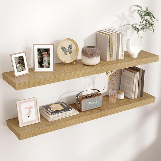Floating Shelves - 2 Large Wall Mounted Shelves with Invisible Brackets, Long Wood Floating Wall Shelf for Living Room, Bedroom, Kitchen (Oak, 48" W x 9" D x 1.5" H)
