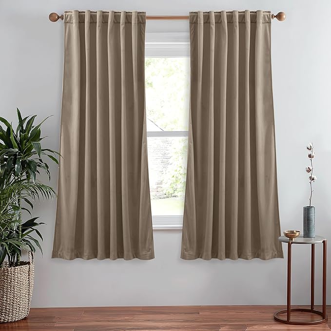 StangH Soft Velvet Curtains Camel Beige Solid Window Treatment Room Darkening Energy Saving for Nursery, Back Tab Drapes Privacy Added Boho Home Decor for Kitchen/Hallway, W52 x L63, 2 Panels
