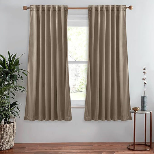 StangH Soft Velvet Curtains Camel Beige Solid Window Treatment Room Darkening Energy Saving for Nursery, Back Tab Drapes Privacy Added Boho Home Decor for Kitchen/Hallway, W52 x L63, 2 Panels