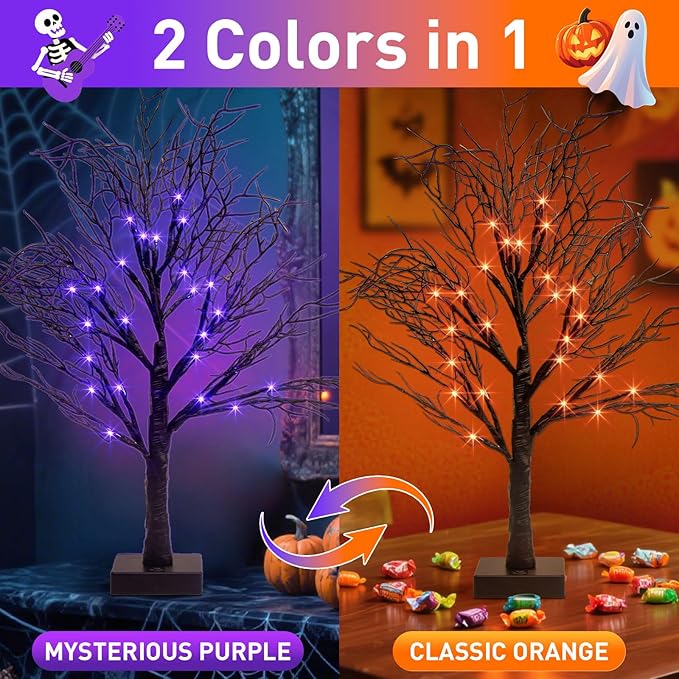 PEIDUO Halloween Decorations Indoor, Black Halloween Tree with 24 Dual-Color Orange & Purple Lights, Light Up Halloween Trees with Timer for Indoor Home Tabletop Desk Decor (2PK)