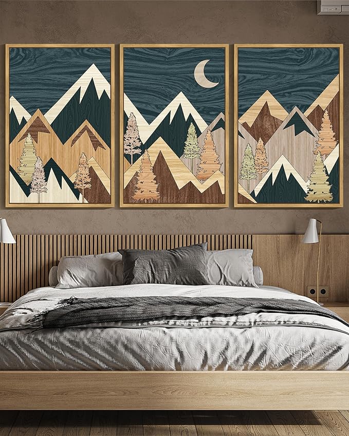 KUVIOKE Woodcut Pine Tree Forest Mountains Framed Wall Art Nature Landscape Prints Morden Farmhouse Bedroom Hallway Ready to Hang 24x36in (Natural Framed)