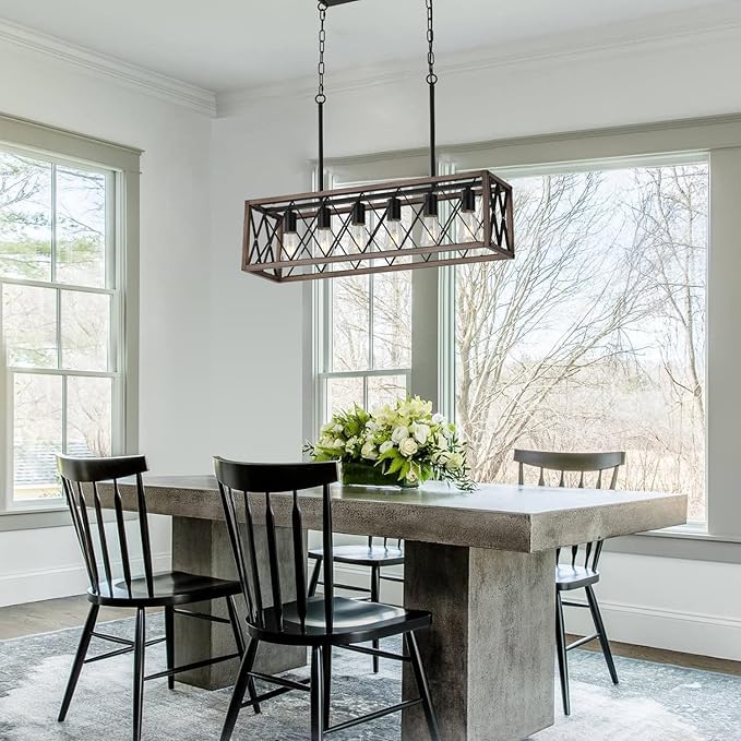 Farmhouse Kitchen Island Lighting,6-Light Dining Room Light Fixtures Over Table,Rustic Chandelier Wood Grain Finish,Height Adjustable Farmhouse Light Fixture for Dining Room Kitchen Bar.