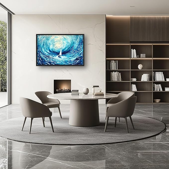 Sailboat Large Framed Wall Art Oversized Blue Sea Ocean Pictures Abstract Marine Nautical Fish Wall Decor Canvas Print Painting Aesthetic Modern Artwork for Living Room Bedroom Office Bathroom Home Decor 36L"x24W"