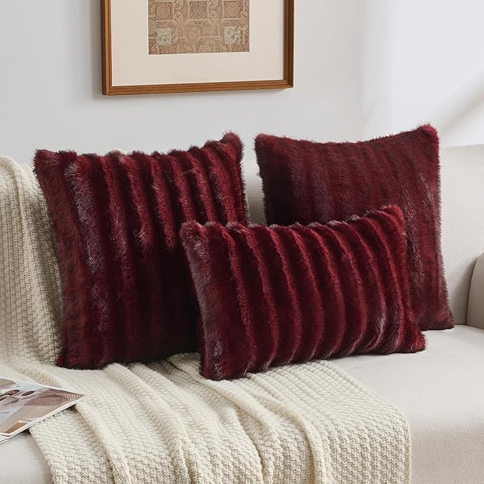 FUTEI Burgundy Decorative Throw Pillow Covers 26x26 Inch Set of 2,Soft Fluffy Faux Mink Fur Dyeing Striped Textured Euro Pillow Shams,Modern Home Decor for Couch Bed Living Room