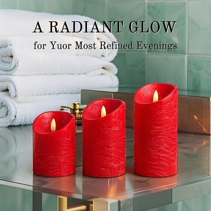 VENTA Flickering Flameless Candles with Remote Control - Battery Operated Candle for Decoration Table, Timer & Dimmer Features, Set - 3Pcs (4",5",6") (Red)