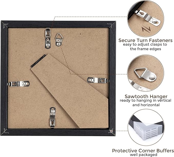 6x6 Picture Frames, Solid White Oak Wood Frame 6 x 6 with Stand for Wall & Tabletop Display, Rustic Wooden Photo Frame 6 by 6 with Real Glass, 6x6 Frame Matted to 4x4, Black Color, Set of 2