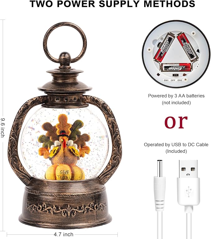 Fall Snow Globe Lantern -Thanksgiving Turkey with Pumpkin Spinning Water Lantern with Swirling Glitter Fall Decorations for Home, Autumn Harvest Fall Decor