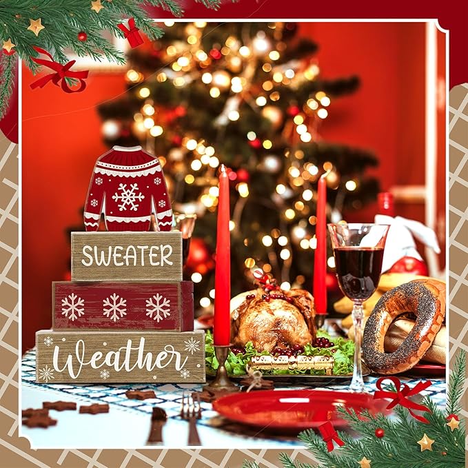 4 Pcs Christmas Table Decor Wooden Sweater Decoration Christmas Table Centerpiece Winter Tiered Tray Decor Decorative Sweater Block Signs Gift Farmhouse Xmas Decoration for Home Kitchen