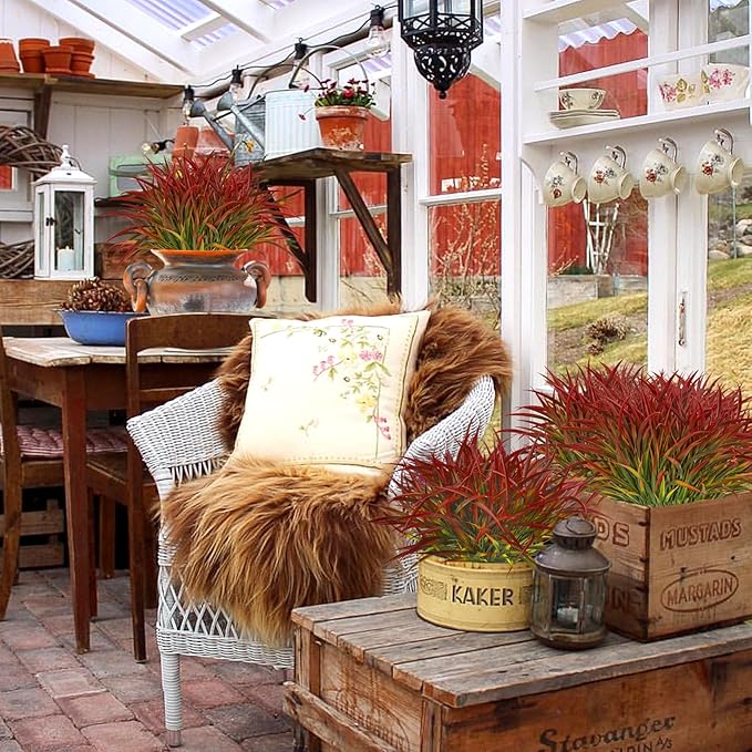 Ouddy Decor 16 Bundles Artificial Plants Outdoor Fake Grass Greenery Stems UV Resistant Faux Plastic Plants Shrubs for Autumn Home Garden Pathway Farmhouse Front Porch Harvest Thanksgiving Decor, Red