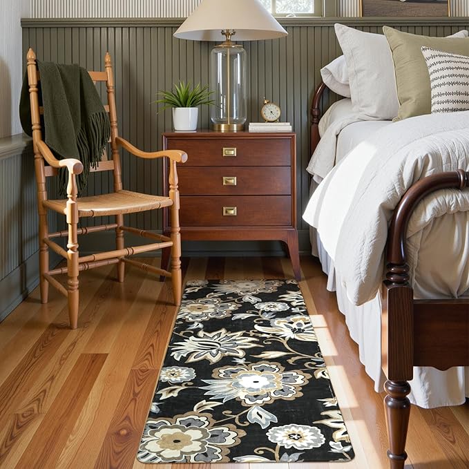 Lahome Floral Black Small Runner Rug - 2x4 Area Rug Non-Slip Low-Pile Washble Entryway Runner Rug Throw Stain Resistant Kitchen Rugs, Paisley Print Accent Carpet Runners for Bedroom Bathroom Laundry