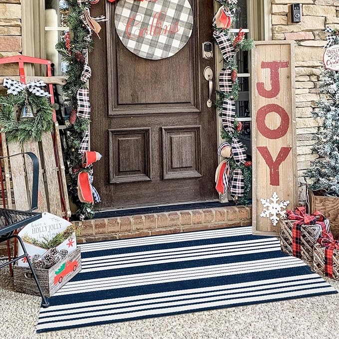 OJIA Entryway Rug 24''x51'', Machine Washable Fall Front Door Mat Cotton Woven Blue and White Outdoor Rugs Porch Rug Striped Kitchen Runner Indoor Door Mat for Farmhouse/Entry/Home Entrance