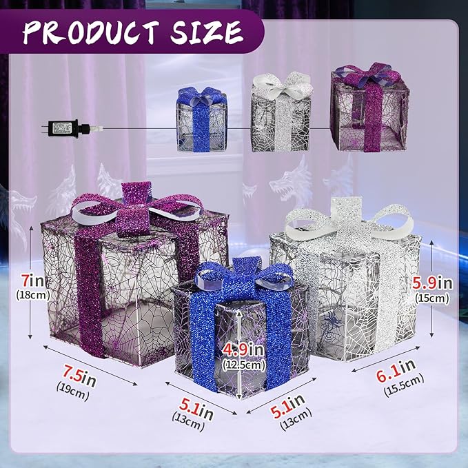 DomKom Plug-in Set of 3 Halloween Lighted Gift Boxes Decorations with 60 LEDs Metal Frame Halloween Present Boxes Decor for Holiday Home Indoor Garden Party Favors