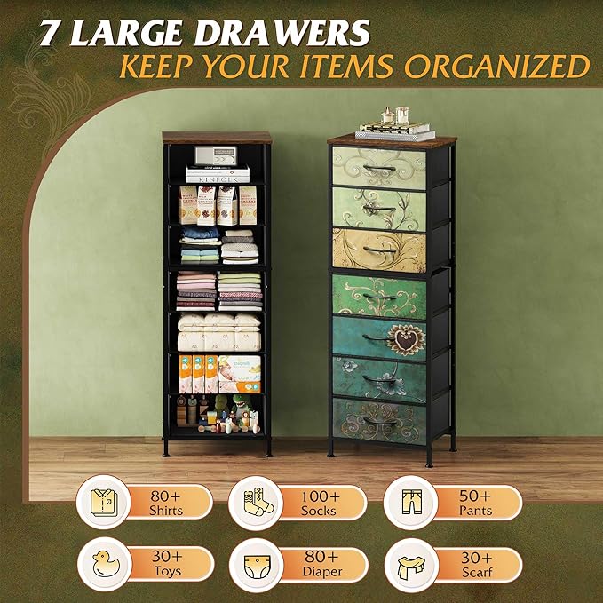 WLIVE Tall Dresser for Bedroom, 7 Drawer Dressers & Chests of Drawers, Fabric Dresser for Closet, Living Room, Night Stand with Metal Frame, Storage Tower with Fabric Bins, Wood Top, Floral Painted