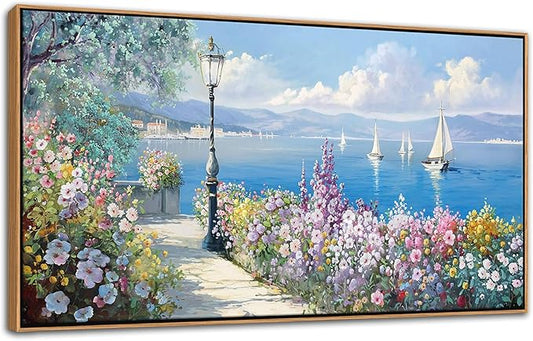 Blue Coastal Wall Art Ocean Canvas Flowers Painting Landscape Sailboat Picture White Yellow Artwork Modern Seascape Large Framed for Living Room Bedroom Home Office Decor Size 24x48 Inches