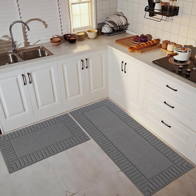 BEQHAUSE-Kitchen-Rugs-Washable-Kitchen-Mats-for-Floor Non-Slip Kitchen Mat Set of 2 Absorbent Kitchen Runner with TPR Non Skid Backing,Grey,24x35inch/24x60inch