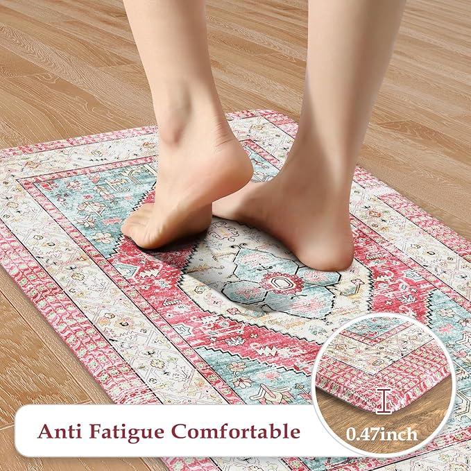 KIMDOE Kitchen Rugs and Mats 2PCS Cushioned Anti Fatigue Kitchen Mat Non-Skid Waterproof Kitchen Runner Rug for Kitchen Decor,Floors,Office,Laundry,Rose Red