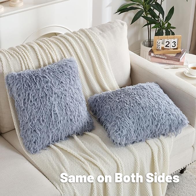 FUTEI Grey Blue Decorative Throw Pillow Covers 22x22 Inch Set of 2,Soft Fluffy Faux Feather Texture Cushion Cases,Modern Home Luxury Decor for Couch Bed Living Room