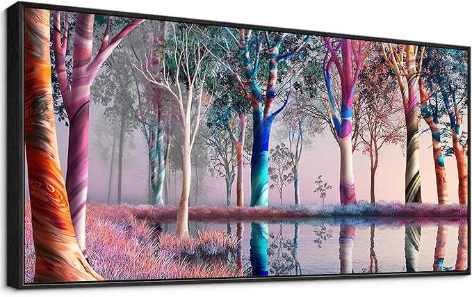 KLAKLA Extra Large Canvas Paintings Wall Art - Fantasy Wooded Wild Lakes Red Pink Room Decor Rainbow Artwork Framed Picture for Living Room Bedroom Decoration