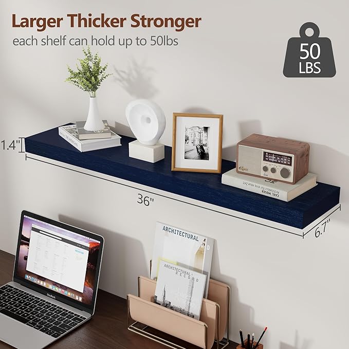 Dark Blue Floating Shelves 36 Inch, Solid Wooden Wall Shelves Set of 2, Rustic Floating Wall Shelves for Decor & Storage for Living Room Bedroom Bathroom