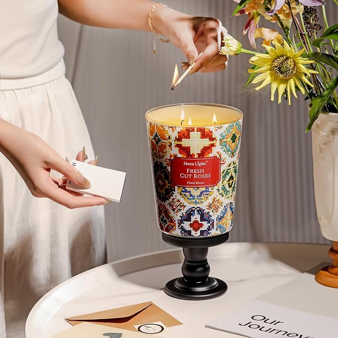 HomeLights 3-Wick Candles for Home Scented - 34oz Soy Wax Blend Candle Long-Lasting Fragrance, Bohemian Natural Textures Home Decor and Housewarming Gifts, Fresh Cut Roses