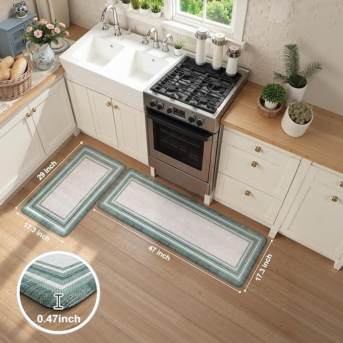 KIMODE Anti Fatigue Kitchen Mats,Farmhouse Kitchen Rugs Non Slip Rubber Backing,Waterproof Kitchen Mat for Floor,Cushioned Standing Mat for Kitchen,Laundry,Sink,Desk,Green