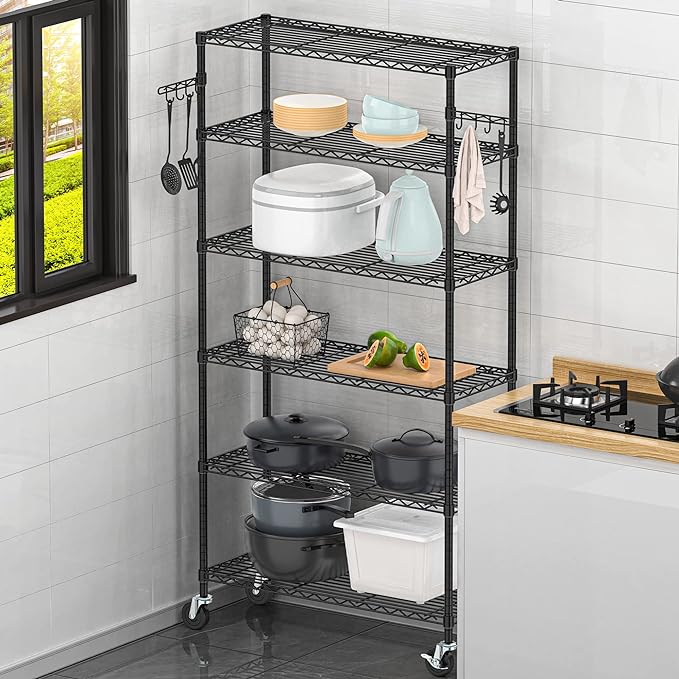 Metal Steel Shelving with Wheels Rack Unit, 6-Tier Rolling Storage Shelf Adjustable Wire Rack Organizer Utility Storage Shelving for Home Kitchen Garage Pantry(6-Tier Shelf)