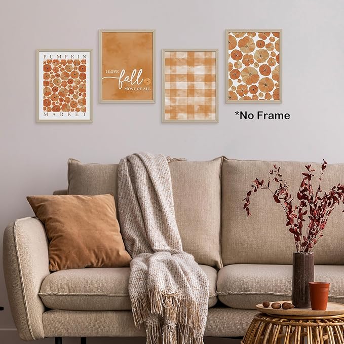 TLESKE Orange Fall Pumpkins Market Posters Prints Unframed Set of 4, Autumn Aesthetic Wall Art Prints for Dorm Bedroom Living Room, I Love Fall Most of All Pictures Wall Decor, 12x16