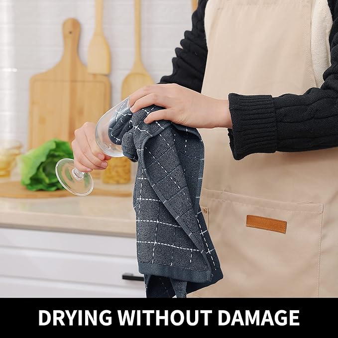 Homaxy 100% Cotton Terry Kitchen Towels(Navy+Grey+Black, 13 x 28 inches), Checkered Designed, Soft and Super Absorbent Dish Towels, 6 Pack