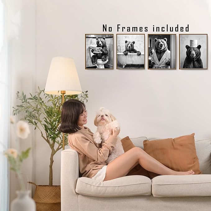 FITIE Funny Black Bear Bathroom Wall Art Posters Set of 4, Bear Bathroom Decor, Humorous Wild Animal Bathing Toilet Canvas Prints Artwork Wall Decor for Bath Room Washroom, 8x10 Unframed