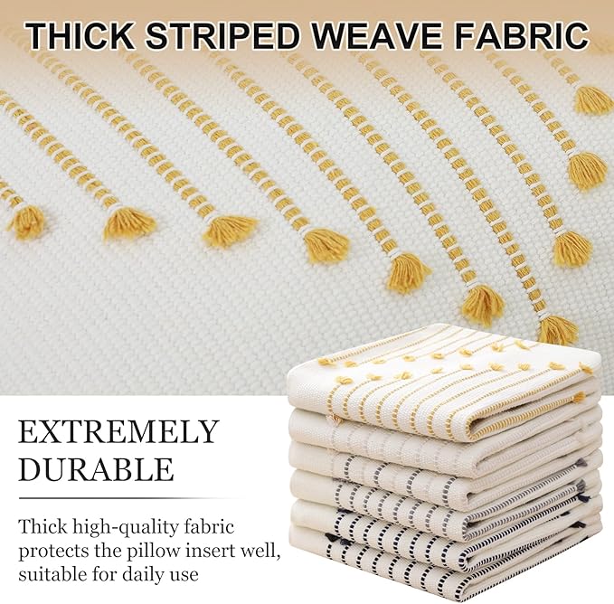 Mecatny Boho Outdoor Throw Pillow Covers 12X20 Set of 2, Farmhouse Lumbar Pillow Covers for Couch Sofa Living Room, Yellow & White