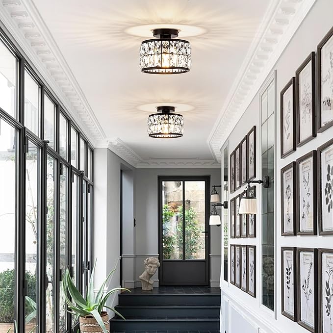 Crystal Ceiling Light Fixture, Modern Semi Flush Mount Ceiling Light,Crystal Chandelier for Kitchen Bedroom Bathroom Entryway, Black Finish