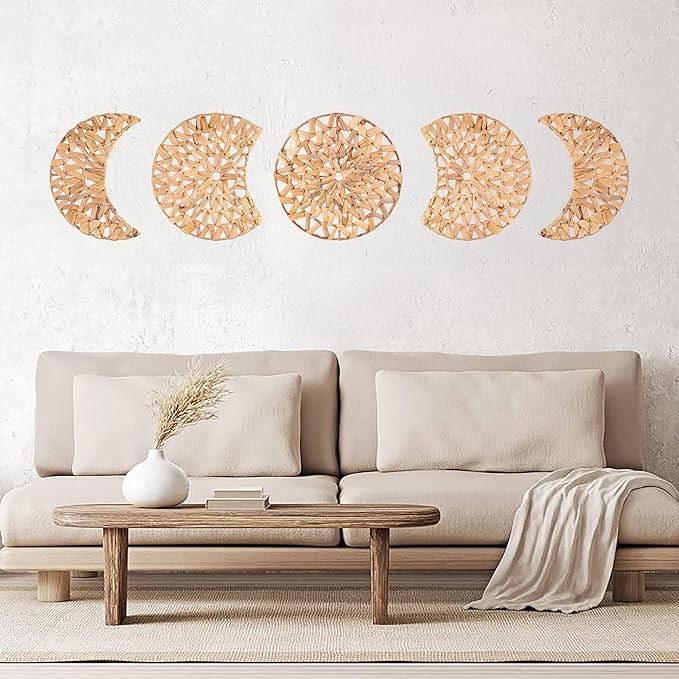 PEMAR Woven Moon Phase Wall Decor - 5-Piece Set of Natural Water Hyacinth Art for Boho & Rustic Homes